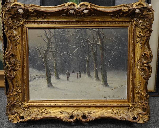 Nils Hans Christiansen (Danish, 1850-1922), oil on board, Figures on a lane in winter, signed, 21 x 29cm. Condition- fair/good